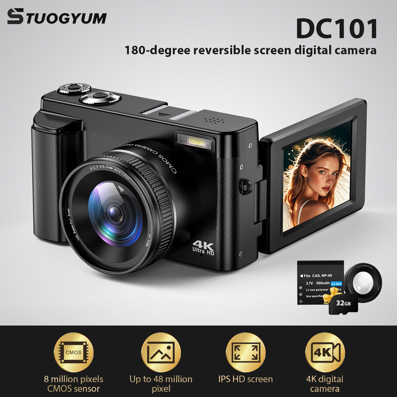 Beauty Makeup Camera - STUOGYUM 4K Vlogging Camera,48MP Digital Camera